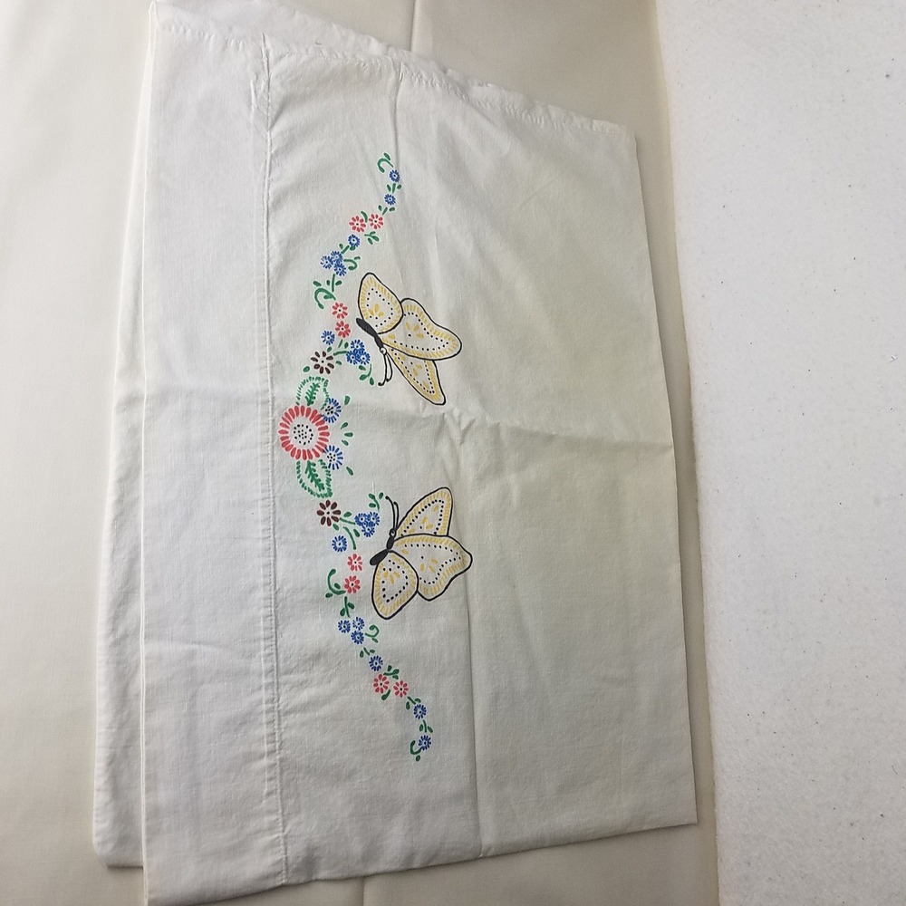 Vintage painted Pillowcase White Yellow Butterflies Floral Cottagecore 1960s